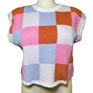 Checkerboard Knit Pullover Vest Sweater Top Pastel Cropped